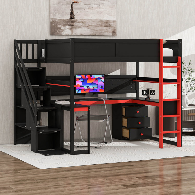 Designs Full Size Loft Bed With Desk And Storage Stairs, Shelves & Pegboard, Black/Blue, Twin