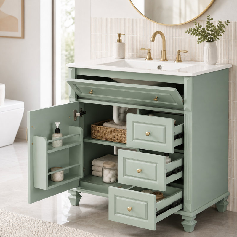 Meuble-lavabo avec tiroir en céramique 3 tiroirs et armoire Heywood, Vert