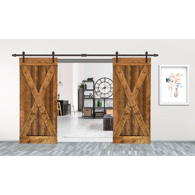Walnut Stained Knotty Pine Wood Double Sliding Barn Door with Hardware Kit