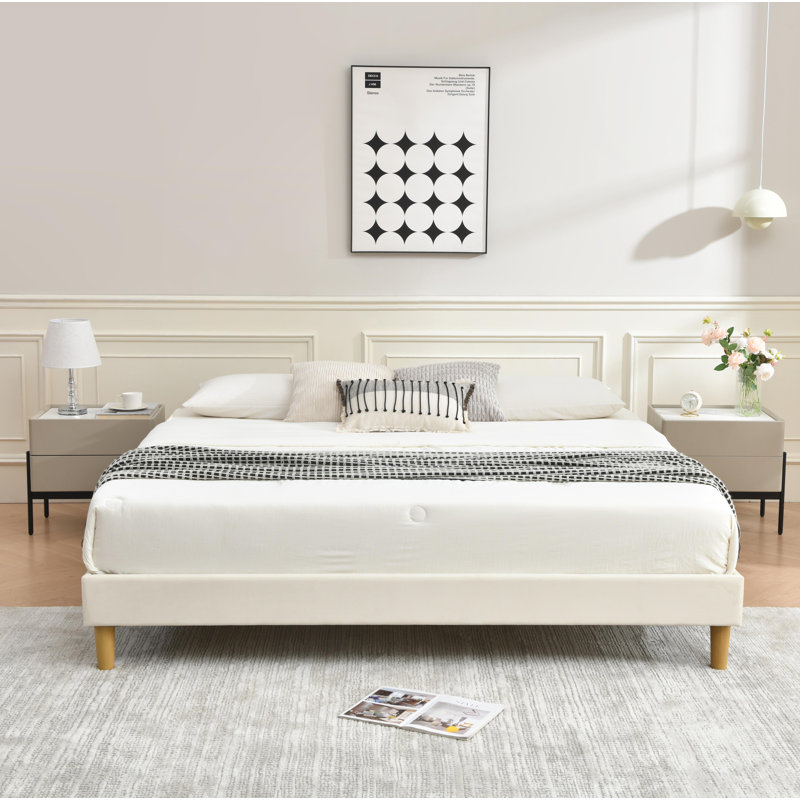Lit plateforme en tissu d'ameublement, Crème, Très grand