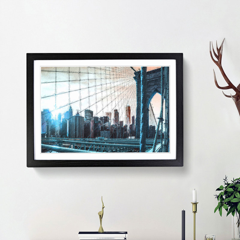 Brooklyn Bridge and New York Skyline - Picture Frame Painting Print, 27cm H x 36cm W x 2cm D, Black Framed
