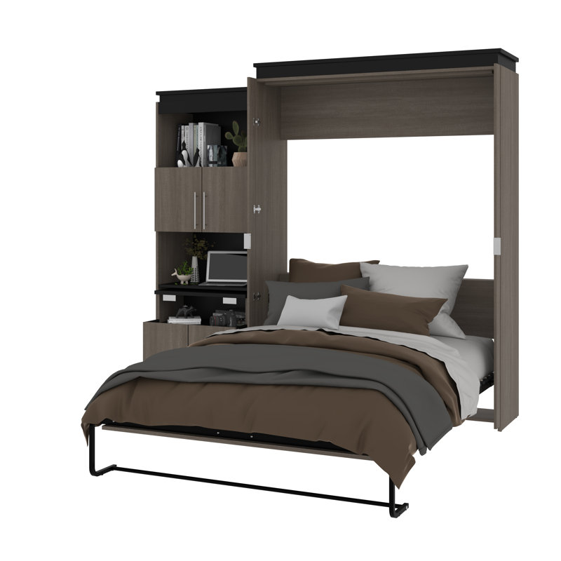Armiead Murphy Bed with Shelves and Pull-Out out Dewsk, Bark Gray/Graphite, Queen