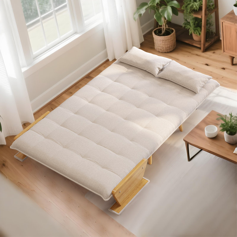 Wood Folding Sofa Bed, Cotton Linen Sleeper Accent Chair for Reading with Back Cushion, Foldable Sofa for Living Room