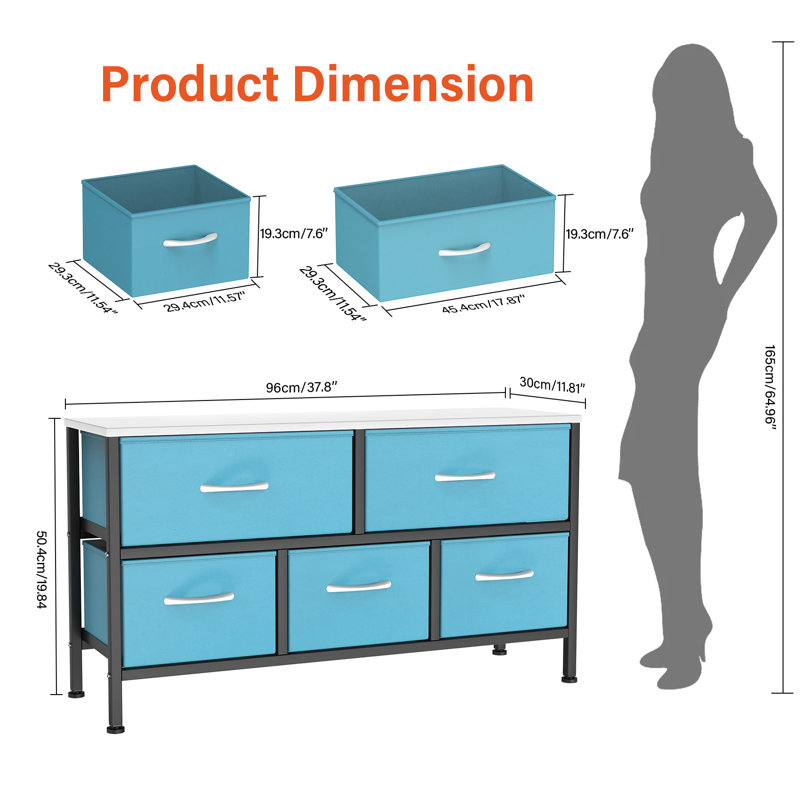 100 cm W Chest of 5 Drawers, Blue-Black