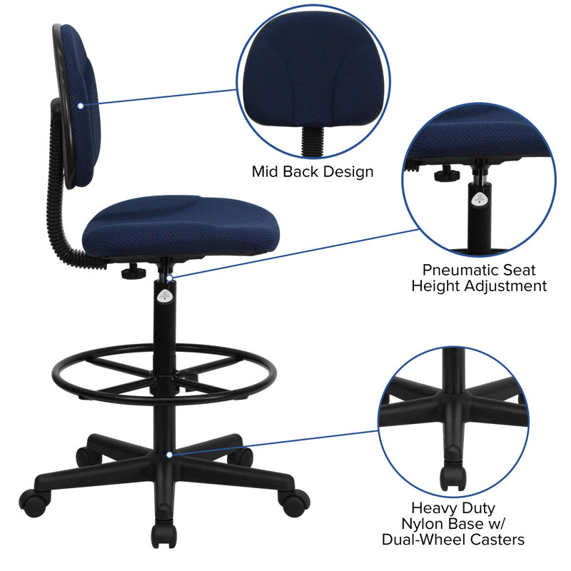 Navy Blue Fabric Swivel Drafting Chair with Adjustable Foot Ring