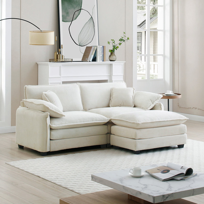Canapé 2 places avec repose-pieds Corduroy, Beige