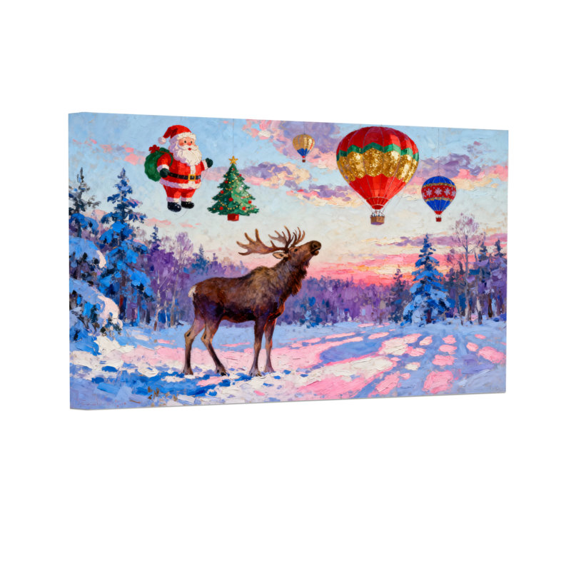 Père Noël volant avec des ballons et des orignaux, H 16 po x l 24 po