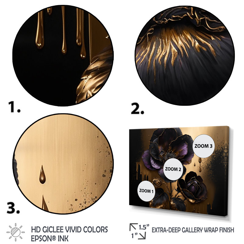 «Black and Gold Violets II» - art mural violet pour le salon, H 12 po x l 20 po x P 1 po, Toile tendue