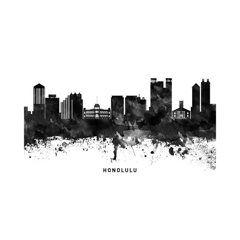 Honolulu Skyline Black & White - Wrapped Canvas Print, 30.48cm H x 45.72cm W x 1.91cm D