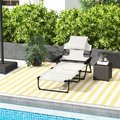 4 Sun Lounger, Cream White, Face & Arm Holes, Pillow , Foldable For Poolside Comfort Beach Sunbathing Chair, Adjustable, Relaxation