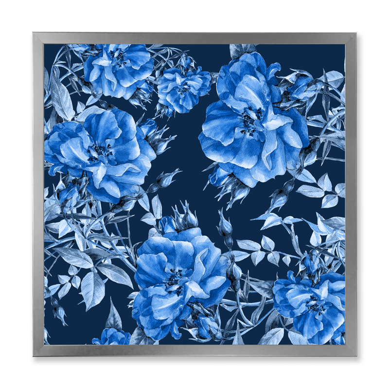 Fleurs bleues abstraites - Peinture sur toile, H 36 po x l 36 po x 1,5 po, Encadrement argenté