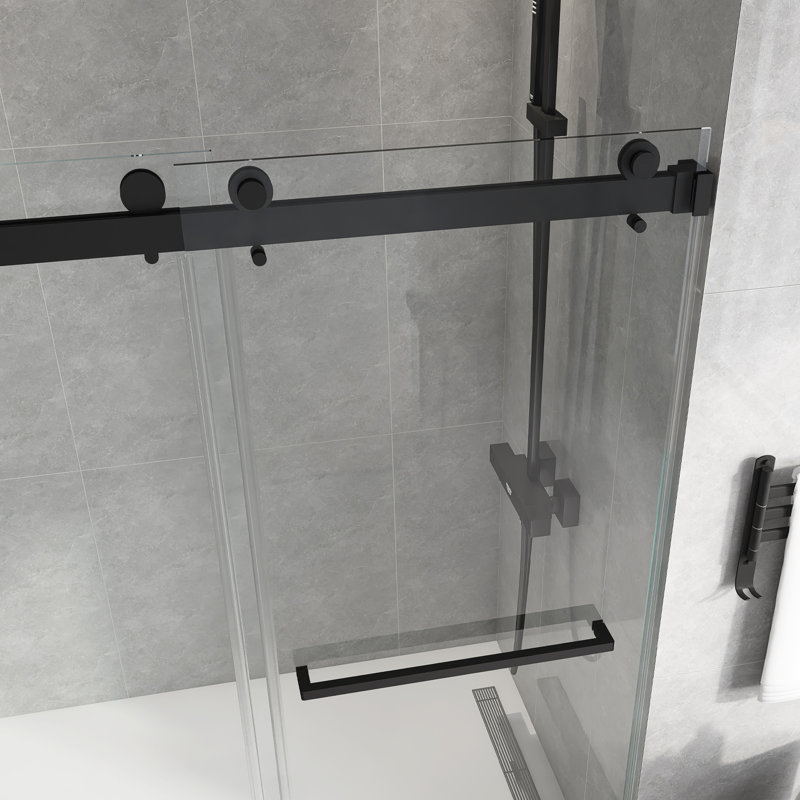 Porte de douche sans cadre à double porte coulissante de 55 à 59 po x H 72 po, Noir mat