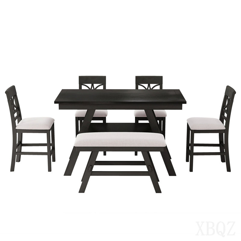 Ensemble de table de salle à manger 6 pièces à hauteur de comptoir en bois avec tablette de rangement, ensemble de table de cuisine avec banc et 4 chaises, style rustique, espresso + coussin beige
