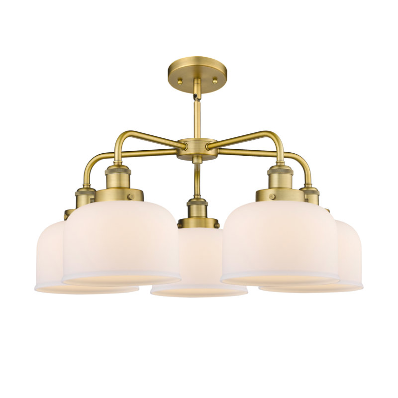 Lustre en verre à 5 lumières Bell, Blanc mat, Laiton brossé