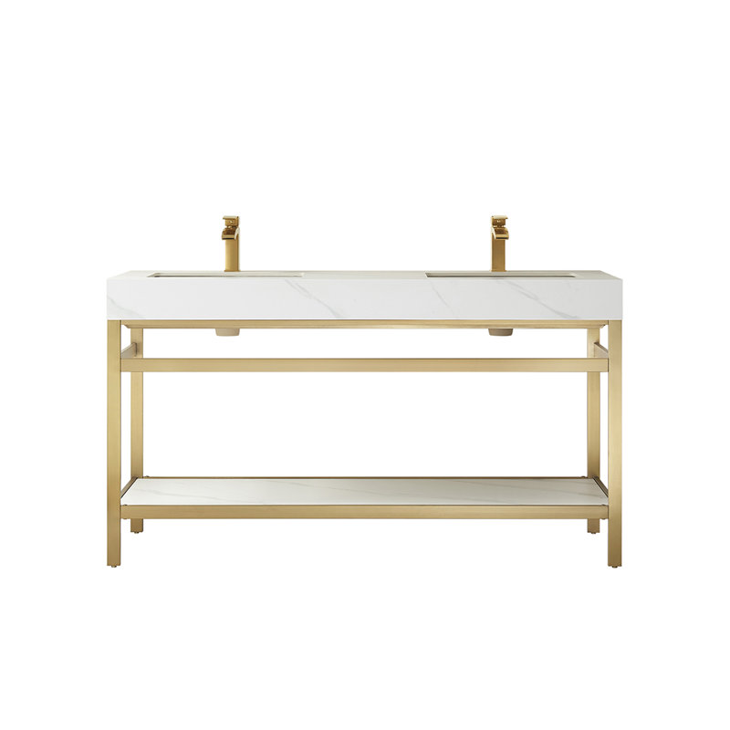 Ensemble de meuble-lavabo double 60 po Funes, Or brossé, Blanc montagne enneigée, Or brossé