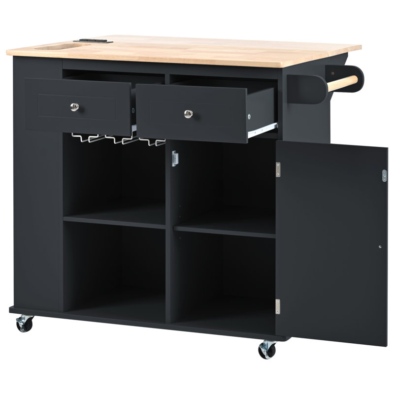 Îlot de cuisine avec prise de courant, îlot de rangement avec abattant et bois d'hévéa, rangement ouvert et support à vin, 5 roulettes, avec rangement réglable pour la maison, la cuisine et la salle à manger