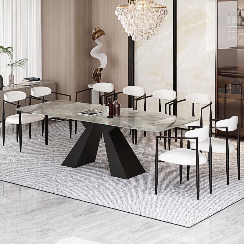 Ensemble de table de salle à manger 9 pièces avec table de salle à manger extensible en pierre frittée de 94,5 po et 8 chaises en tissu