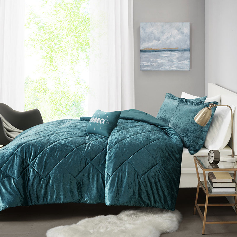 Élégante literie en velours bleu sarcelle pour lit double / grand - conception, 2 taies décoratives et coussins