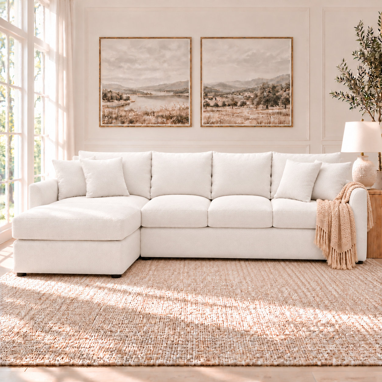 Cecelia Velvet Upholstered Chaise Sectional, Bayou Natural Canvas, Right Hand Facing