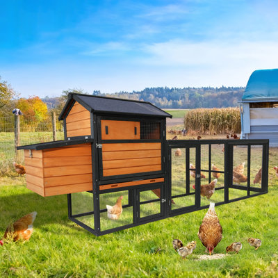 Poulailler en bois brun et noir, grand poulailler extérieur avec enclos et nichoir, clapier à lapin, cage de volaille imperméable et anti-UV