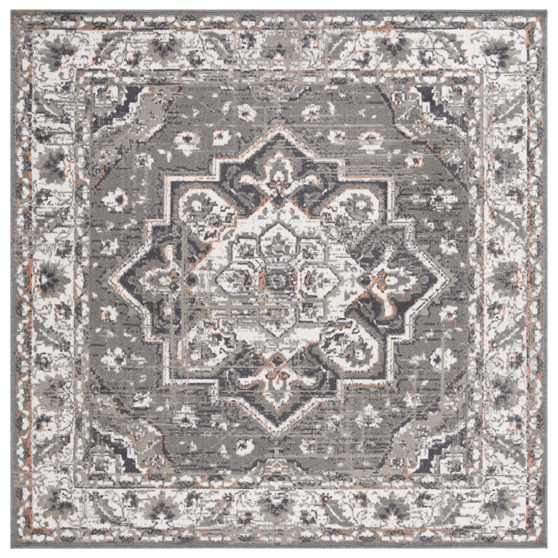 Tapis oriental gris en polypropylène tissé à la machine Martay, Carré 6 pi 7 po