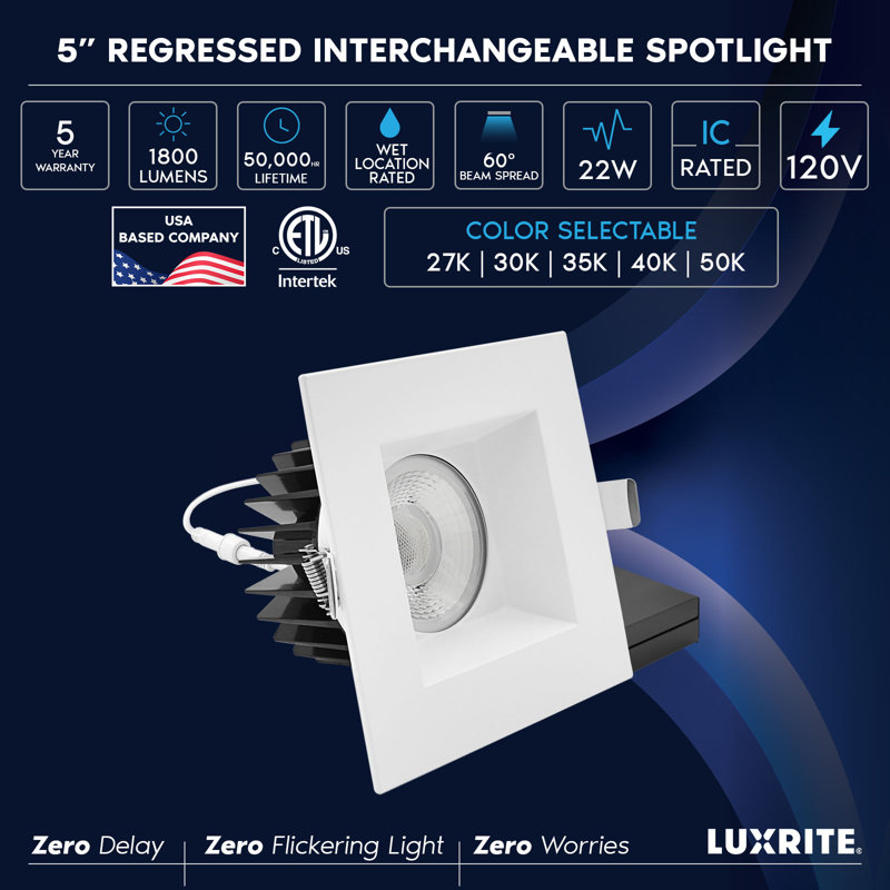 Luminaire encastré DEL 5 pouces LUXRITE, régressé avec garniture carrée blanche, 22 W, 1800LM, 5CCT, faisceau 60 °, à intensité variable, Twist-N-Lock, homologué ETL