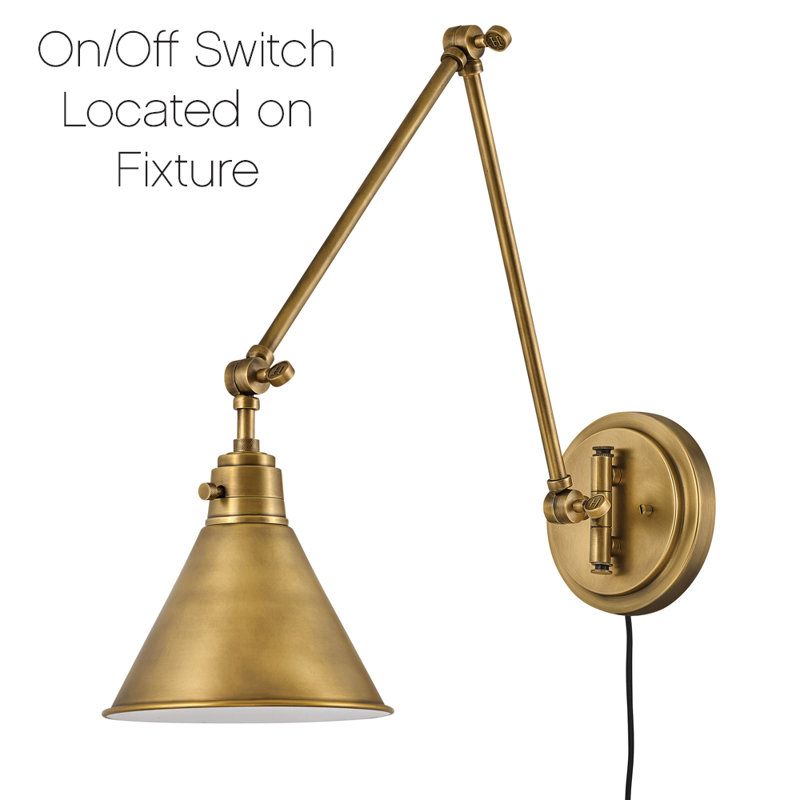 Arti Medium Long Swing Arm Single Light Wall Sconce w/ Power Switch, Heritage Brass