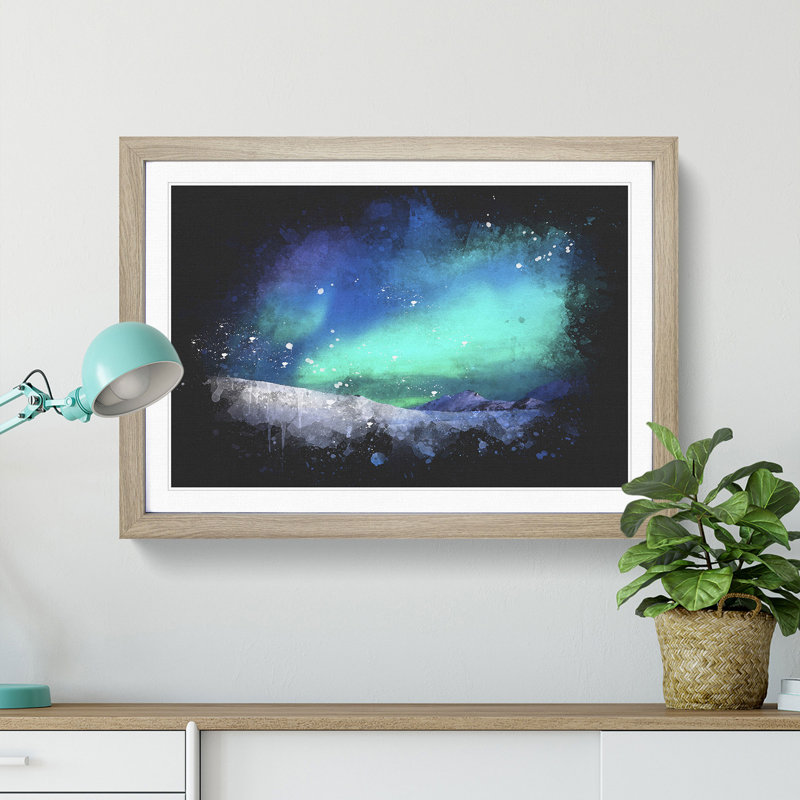 Aurora Borealis In Iceland Paint Splash - Framed Print, Oak, 62cm H x 87cm W x 2cm D