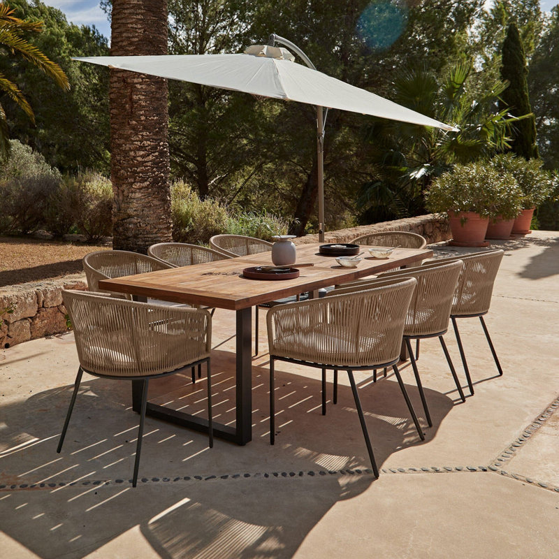Fabiano Rectangular 8 - Person 235cm Long Dining Set with Cushions and Umbrella, Natural with Cream Parasol