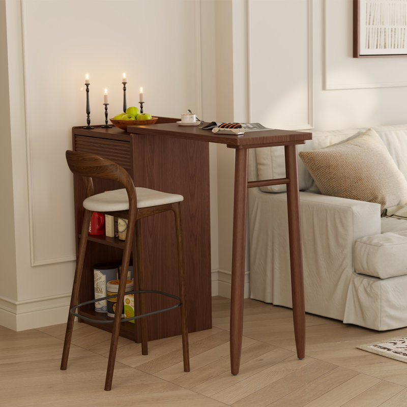 Table de bar en bois massif, plateau de table rotatif extensible avec rangement ouvert.