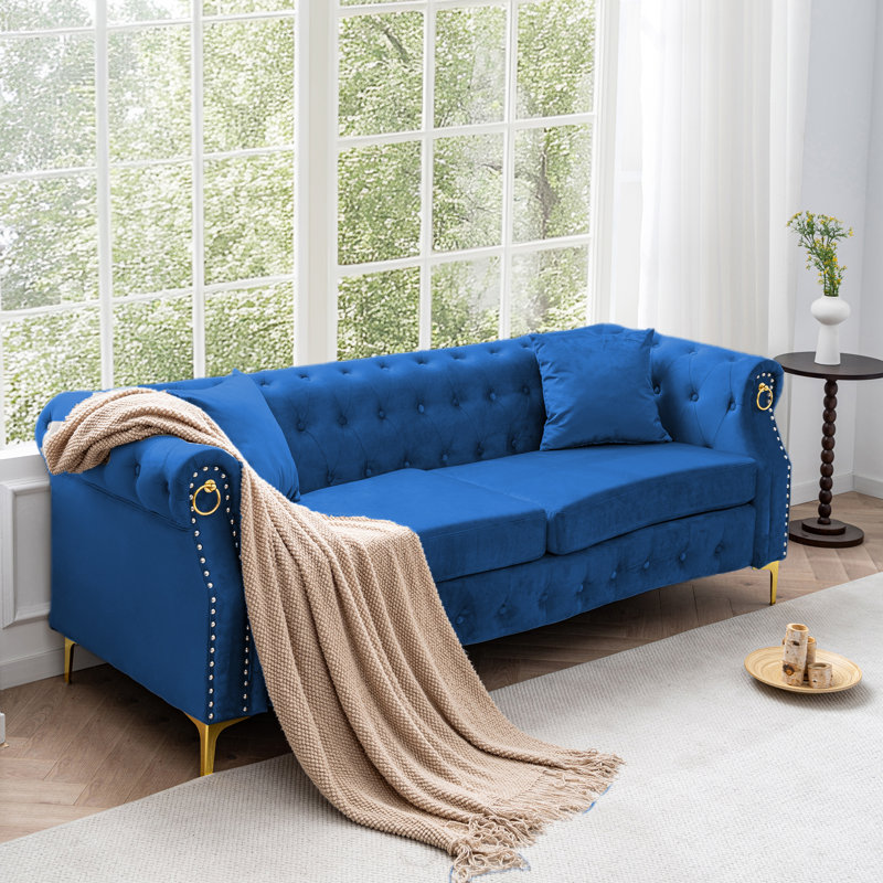  83.5" Velvet Chesterfield Tufted Sofa, Blue