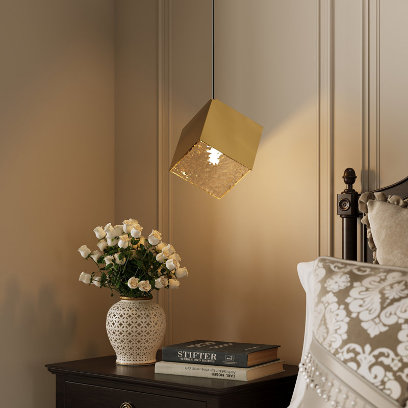 Single-Light Square Island Pendant with Hammered Glass Shade in Brushed Gold
