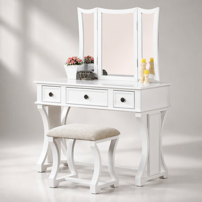 Ensemble de coiffeuse moderne et unique pour chambre à coucher, avec tabouret, miroir pliable et tiroirs, placage MDF blanc pour un rangement élégant
