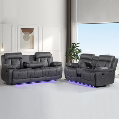2 Piece  Soft Microfiber Power Reclining Chair, LED Light, Bluetooth Speaker, Type-C and USB Charger, Recliner