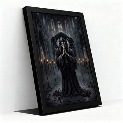 Squelette gothique priant en vitrail, art mural d'Halloween