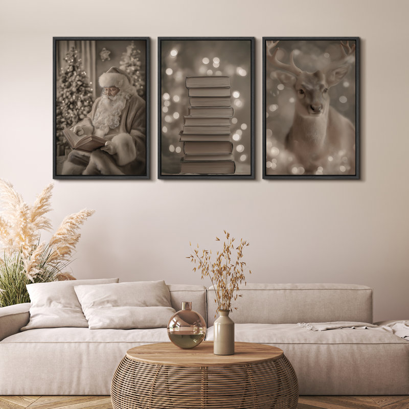 «Neutral Toned Christmas Trio with Santa, Books and Deer Art», reproduction d'art sur toile encadrée 3 pièces