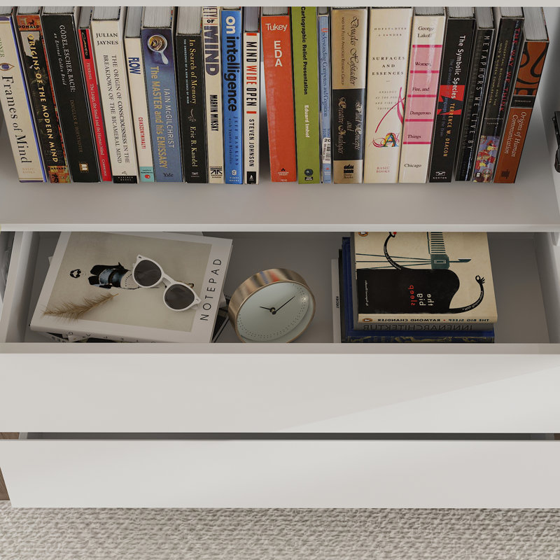 78.7'' H X 94.5'' W 6-Drawer 4-Tier Display Bookcase With Glass Doors And LED Light, White
