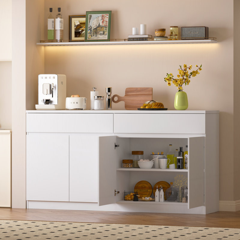 Buffet buffet à 2 tiroirs et 4 portes, grand rangement pour la cuisine, White