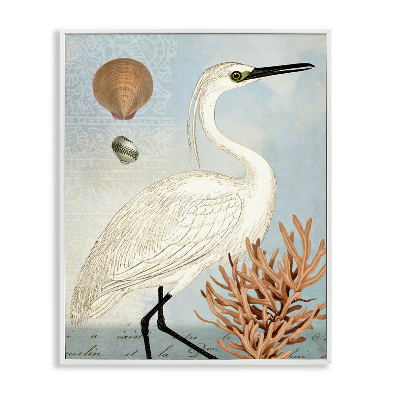 Art maritime, aigrette et corail noir, estampe numérique par Susan Arnot, Estampe numérique encadrée blanc bord de mer