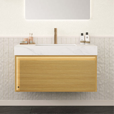 Meuble-lavabo de 36 po avec plateau en pierre frittée blanche, unité de contreplaqué flottant avec grille ultra-mince, capteur à détection de mouvement à tiroir, comptoir de meuble-lavabo pré-assemblé, lavabo sous-comptoir en céramique, grille