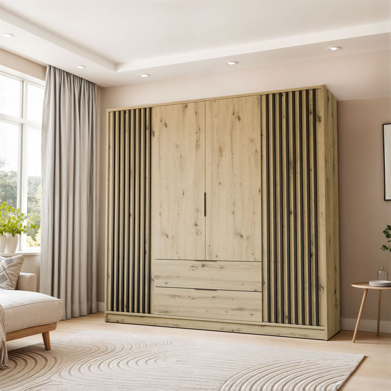 Theroux 4 Door Solid + Manufactured Wood Wardrobe, Oak Artisan/Lamela Black