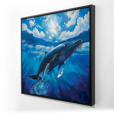 Swimming Whale - Blue Framed Canvas for Home Decor