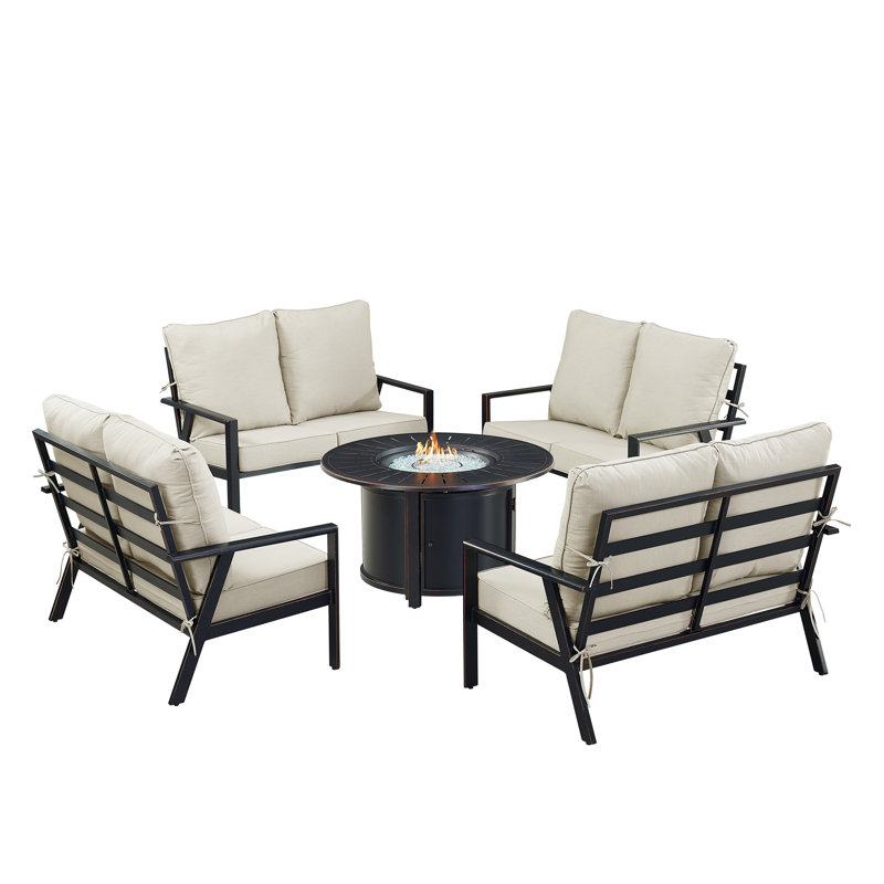 Ensemble de table de foyer en aluminium noir avec quatre causeuses profondes, Gris clair