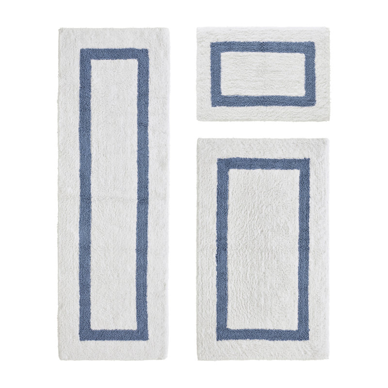 Atle Reversible Cotton Tufted Bath Rug Set, 3PC (17" x 24" | 24" x 40" | 20" x 60"), White/Dark Blue