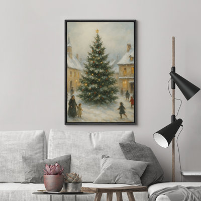 Christmas Tree Village Snowy Street Festive Holiday Scene Framed Canvas Master Bedroom Wall Art Work Print