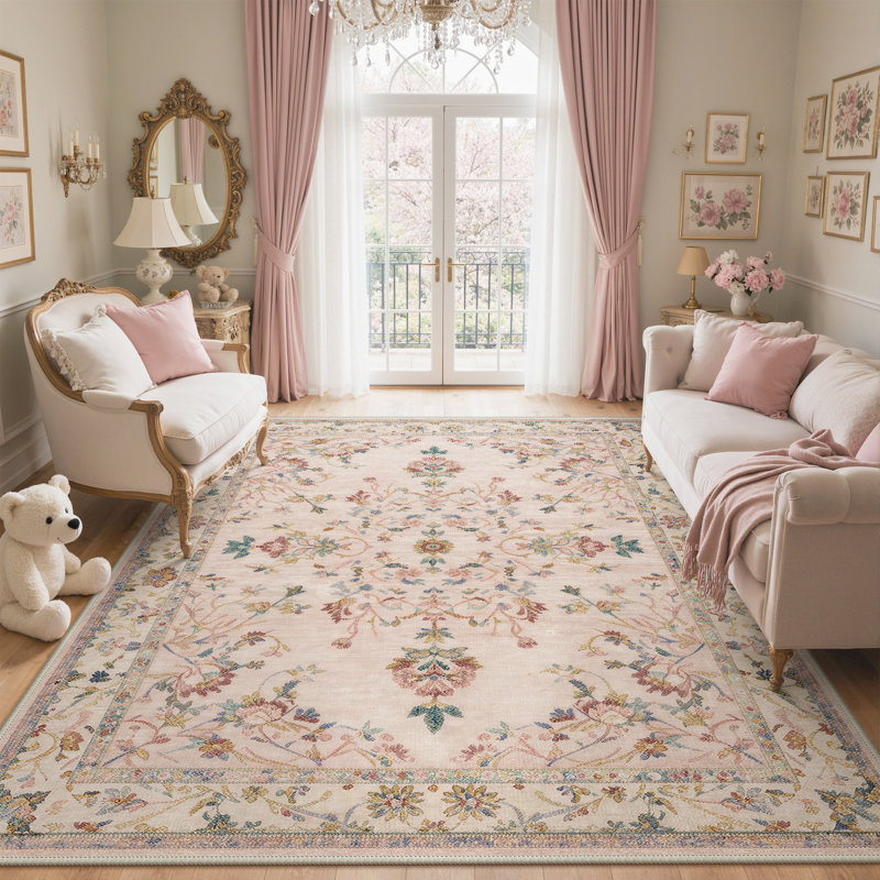 Tapis rose à motif floral lavable à la machine avec envers antidérapant Abadou, Rectangulaire 8 pi x 10 pi