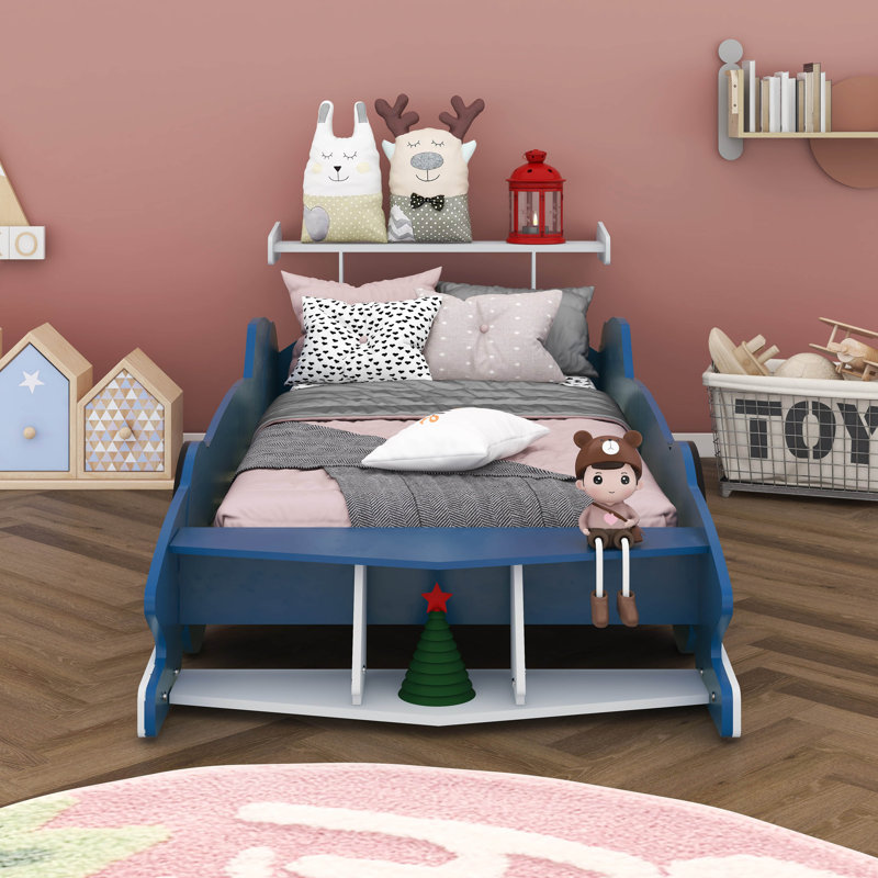 Unfinished Race Car-Shaped Platform Bed with Wheels, Twin, Blue
