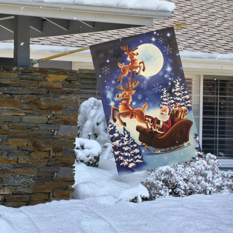 Santa and Reindeer Sleigh Ride Blue Winter Garden Flag