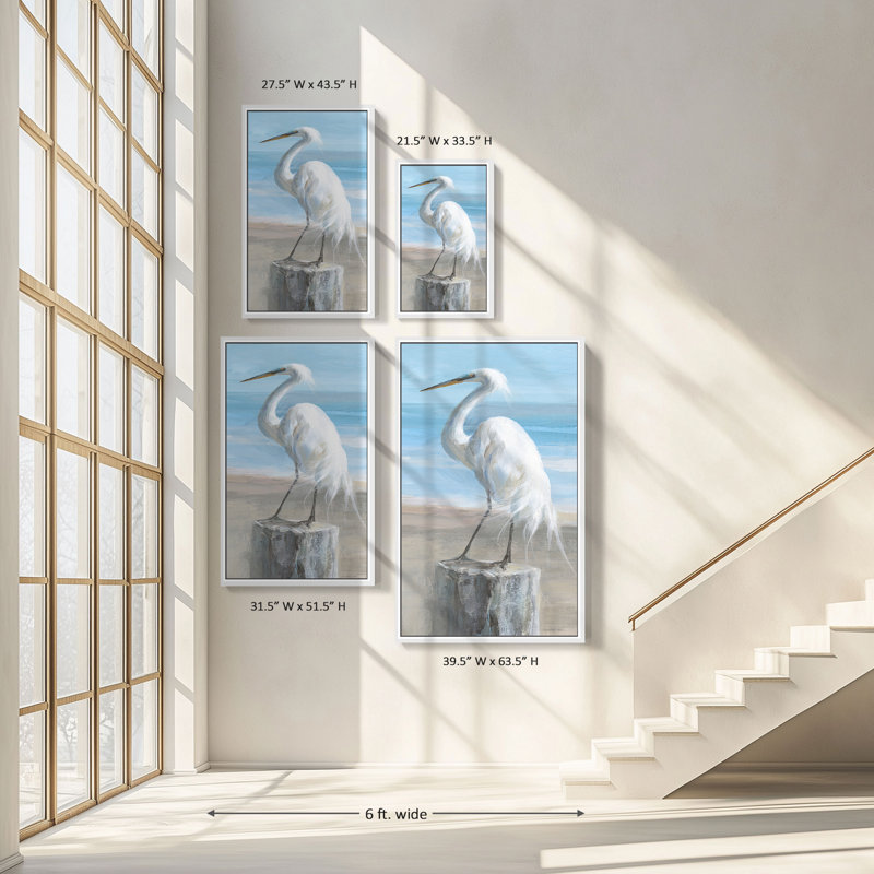 "Egret by the Sea Crop" par Danhui Nai, reproduction sur toile dans un cadre flottant, H 33,5 po x l 21,5 po, Blanc
