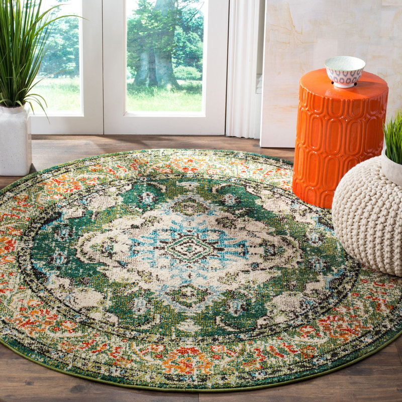 Almyra Oriental Area Rug, Round 5', Forest Green/Light Blue